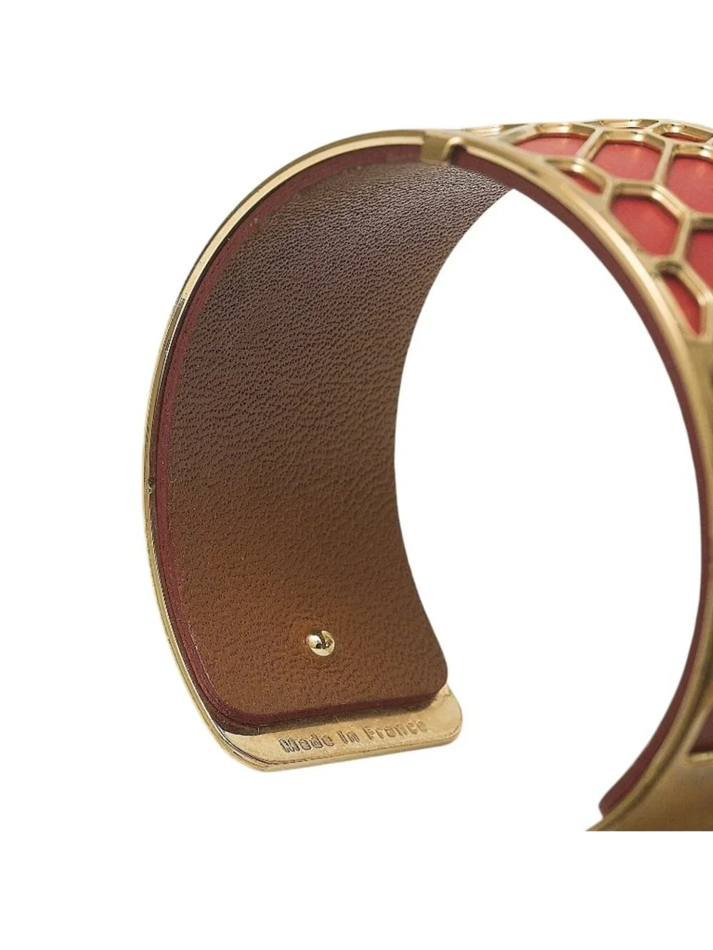 LES GEORGETTES Gold Plated Cuff Bracelet Red Leather Honeycomb Design France